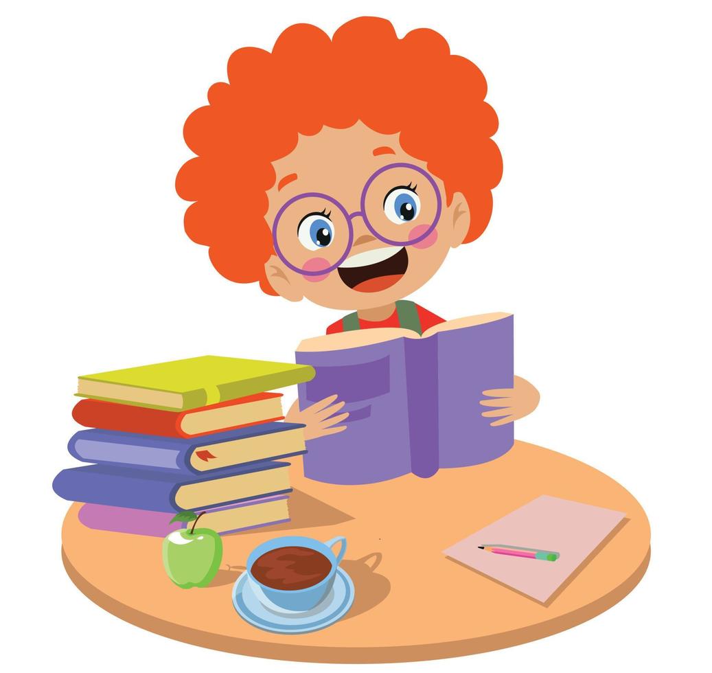 cute kid reading a book at the round table vector