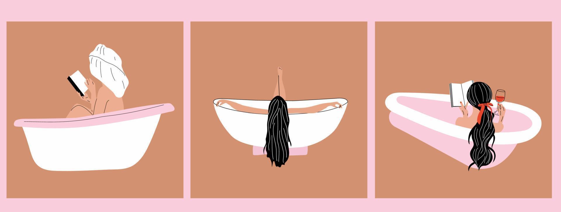 conjunto de tres mujeres tomando un relajante baño de burbujas y leyendo un libro, vista lateral. vector en estilo de dibujos animados. todos los elementos están aislados