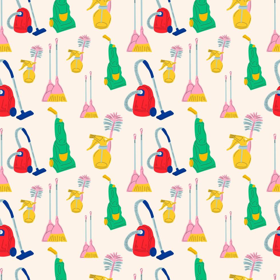 Seamless pattern with Cleansers and detergent in bottles, house cleaning tools and supplies for housework. vector