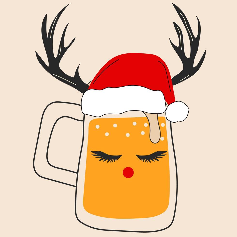 Glasses of beer with Christmas accessories. Santa hat, deer horns. Vector