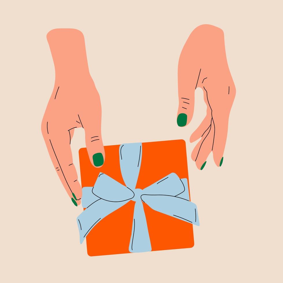 Hands holding present box decorated with bow vector illustration. Promotions and bonuses keep customers interested. Best offer