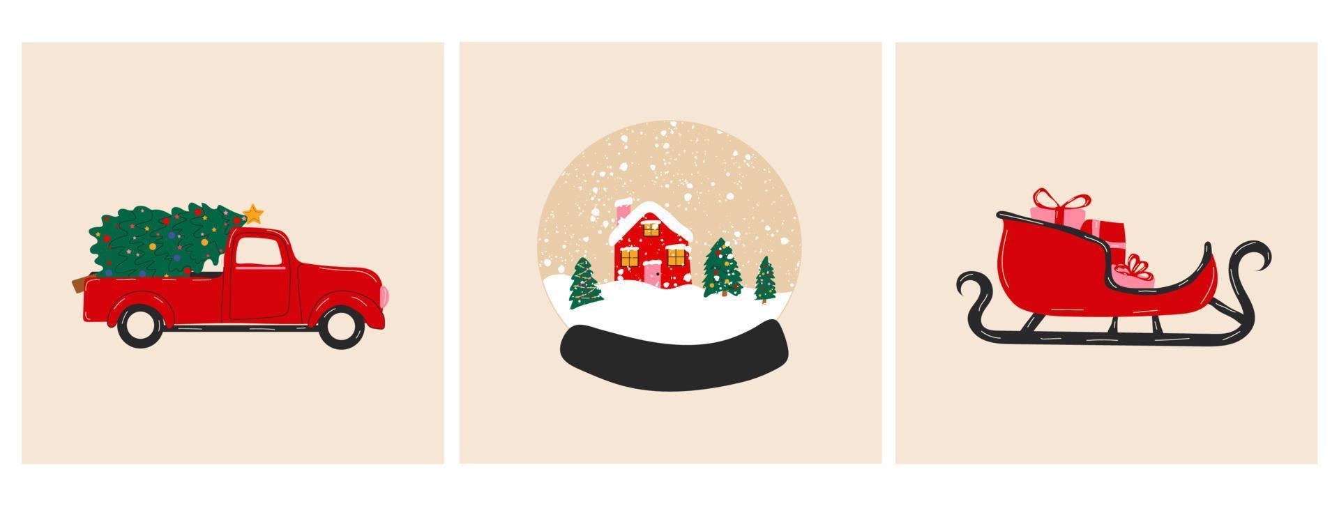 Set of three Christmas objects, snow globe, sleigh and pickup truck with christmas tree.Vector in cartoon style. All elements are isolated vector