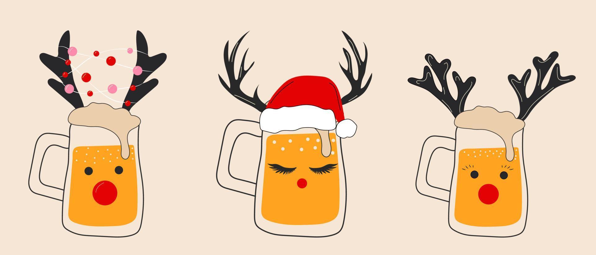 juego de tres vasos de cerveza con accesorios navideños. sombrero de santa, cuernos de venado. vector