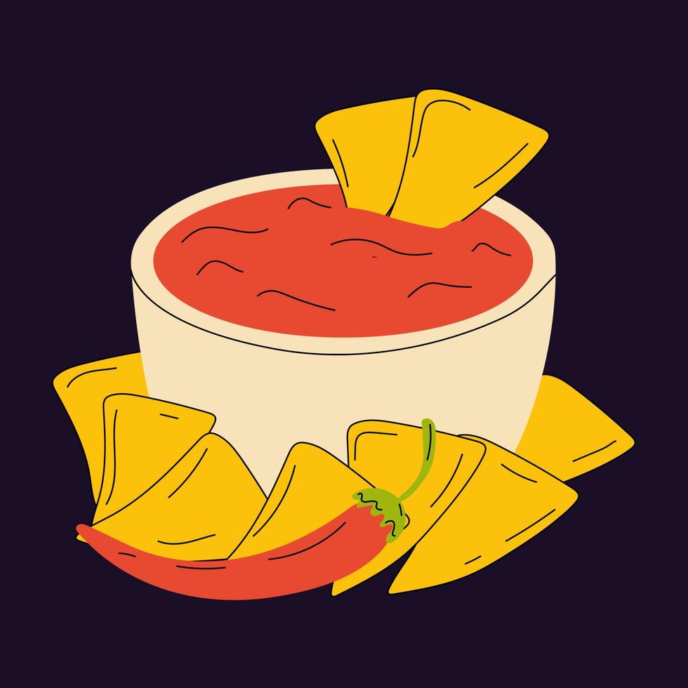 Nachos and chili pepper salsa vector isolated icon. Mexico nachos chips fast food snack