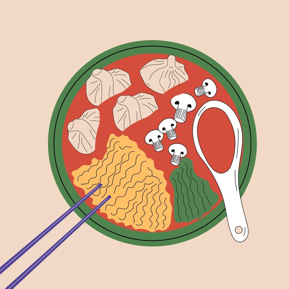 Soup recipes. Traditional popular asian hot meal. Hand drawn color vector illustration. Modern flat cartoon style.