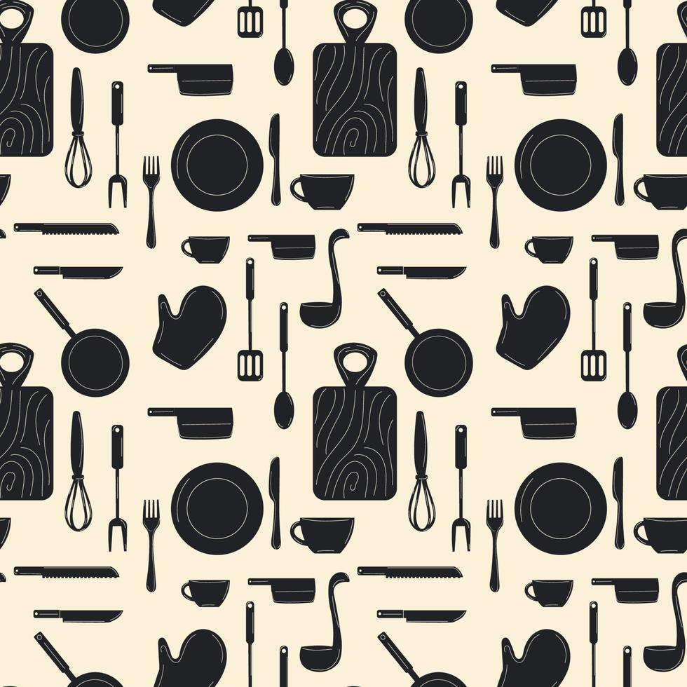 Seamless pattern with Kitchenware set. Vector kitchen utensils tools and equipment, cartoon cooking appliance