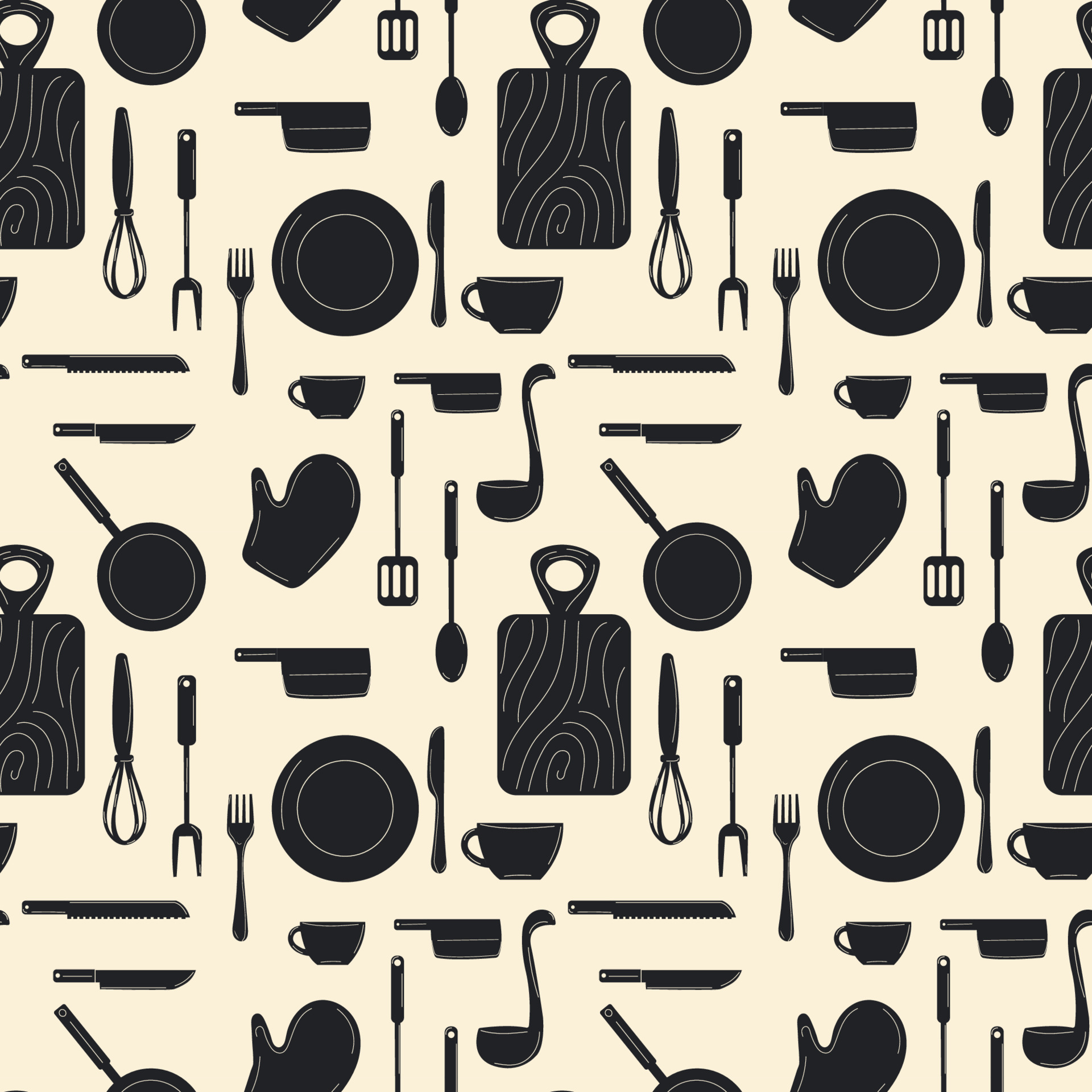 Seamless pattern with Kitchenware set. Vector kitchen utensils tools