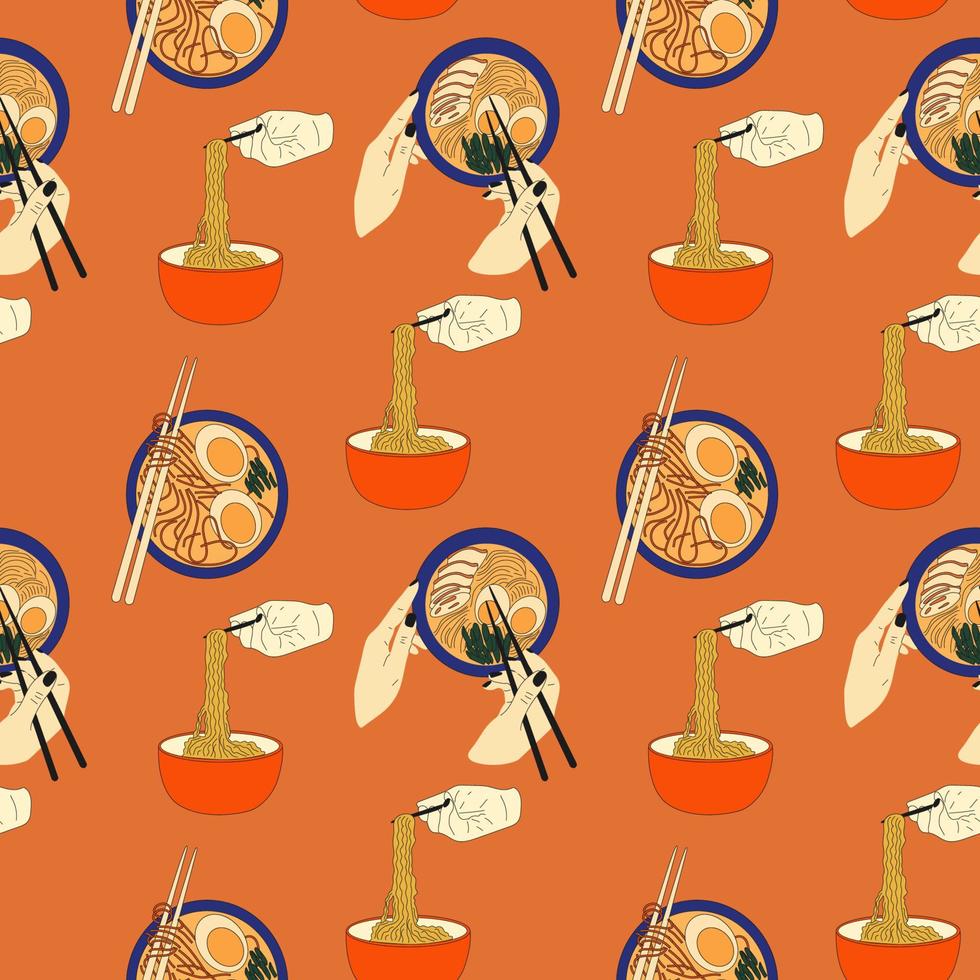 Seamless pattern with  Bowl noodles and chopsticks. Ramen. Asian food. Chinese, Korean, Japanese cuisine. vector