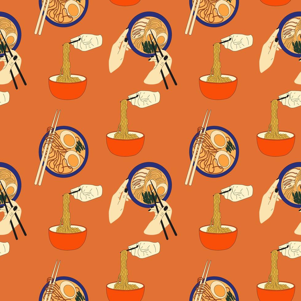 patrón sin costuras con fideos y palillos. ramen comida asiática. cocina china, coreana, japonesa. vector