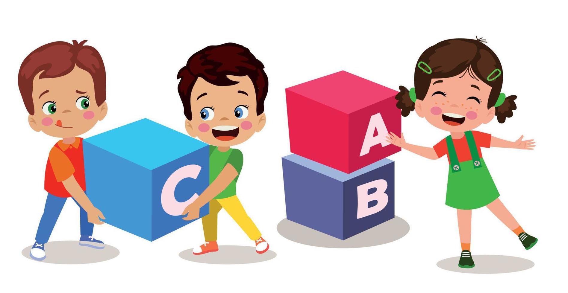 cute students with on letter cubes in classroom vector