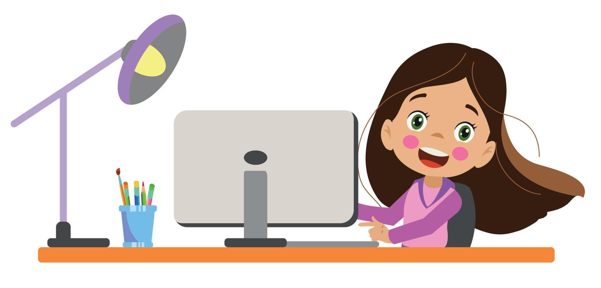 cute girl working with his computer at the table vector