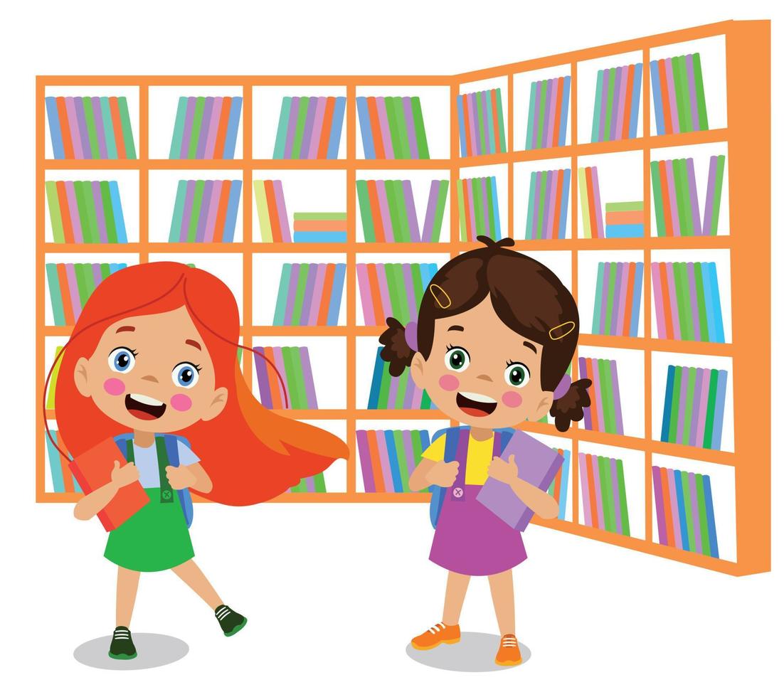 library books and cute kids vector