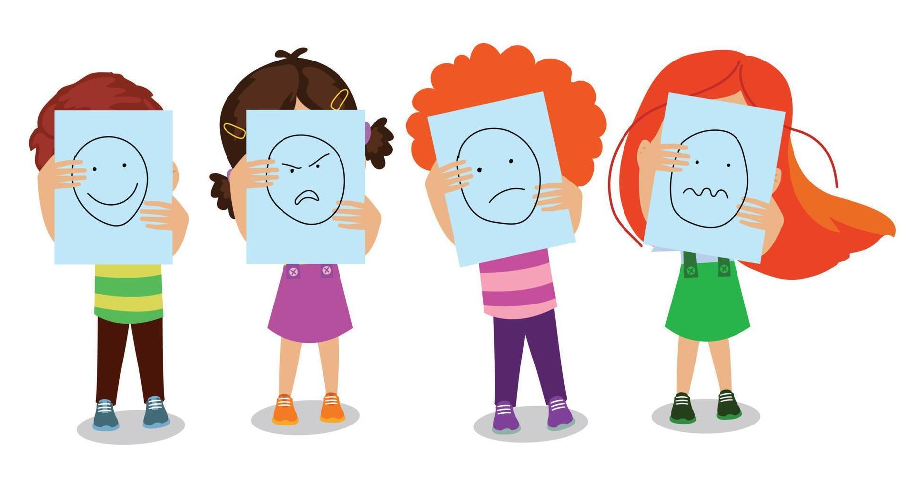 cute students holding papers with facial expressions on their faces vector