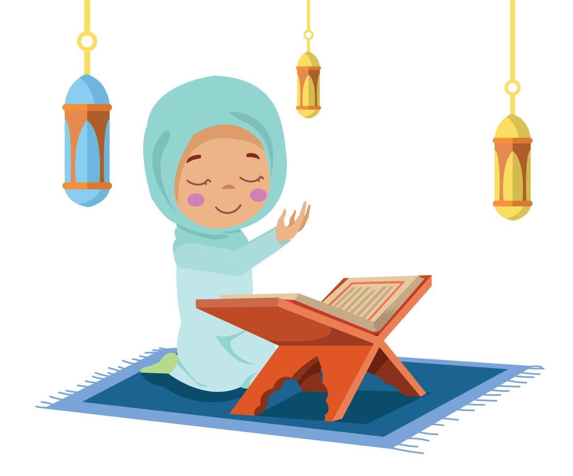 lindo niño feliz leyendo el Corán vector