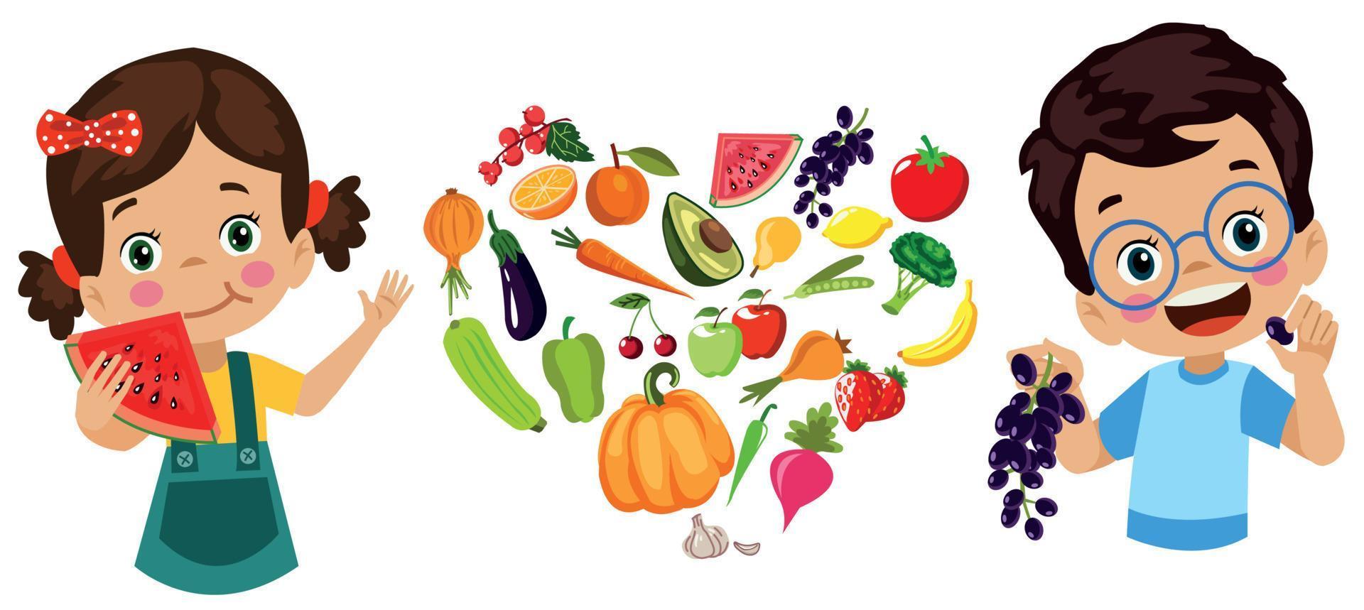 cute kids eating assorted fruits vector