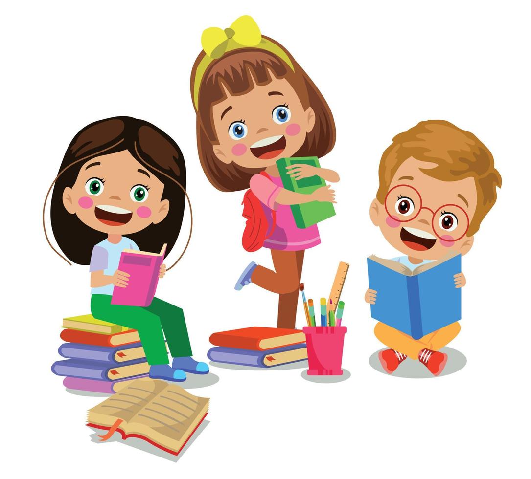 cute happy kids reading book vector