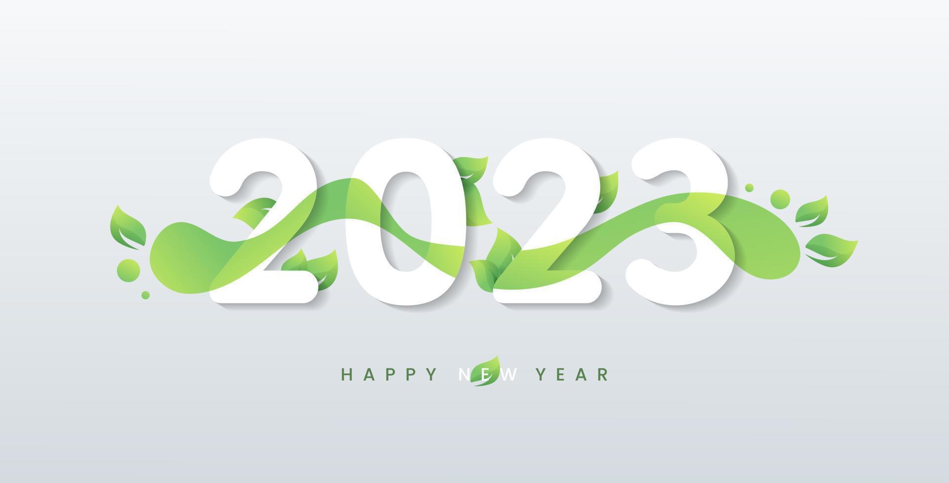 Happy 2023 new year with natural green leaves banner. Greetings and invitations, New year Christmas friendly themed congratulations, cards and natural background. Vector illustration