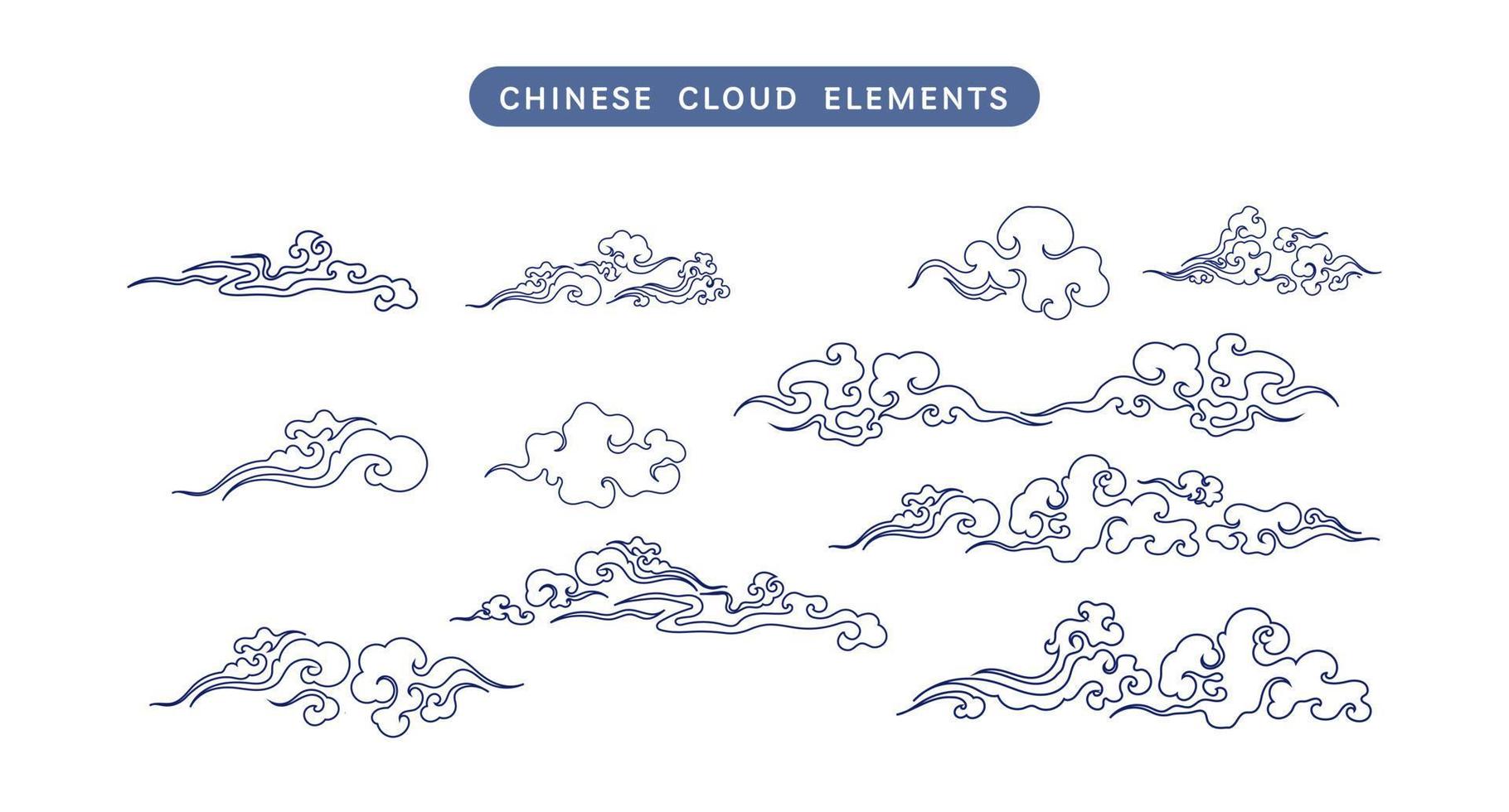 Chinese clouds line vector collection. Doodle ornament oriental elements for asian chinese new year card or mid autumn. Vintage sky art decorative illustration