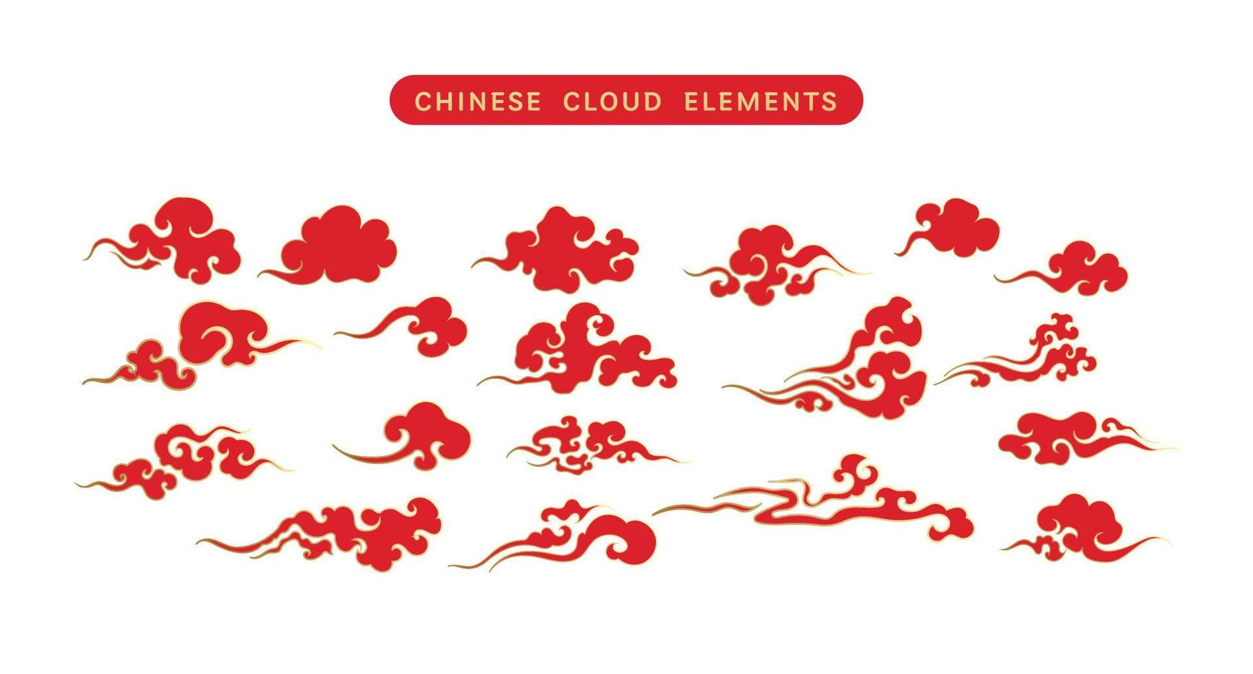 conjunto de vectores de nubes chinas rojas doradas de lujo. adorno elementos orientales para tarjeta de año nuevo chino asiático o mediados de otoño. ilustración decorativa del arte del cielo vintage