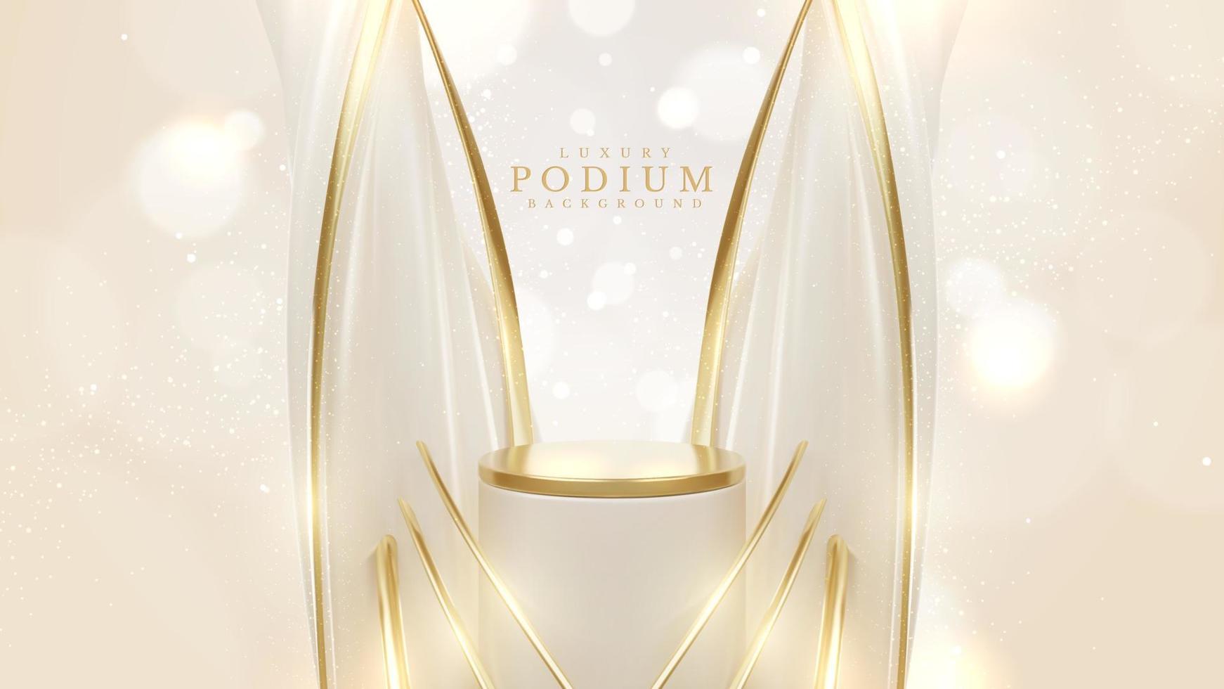 Product display podium with golden curve line element and glitter light effects decorations and bokeh. 3d realistic luxury background. Vector illustration.