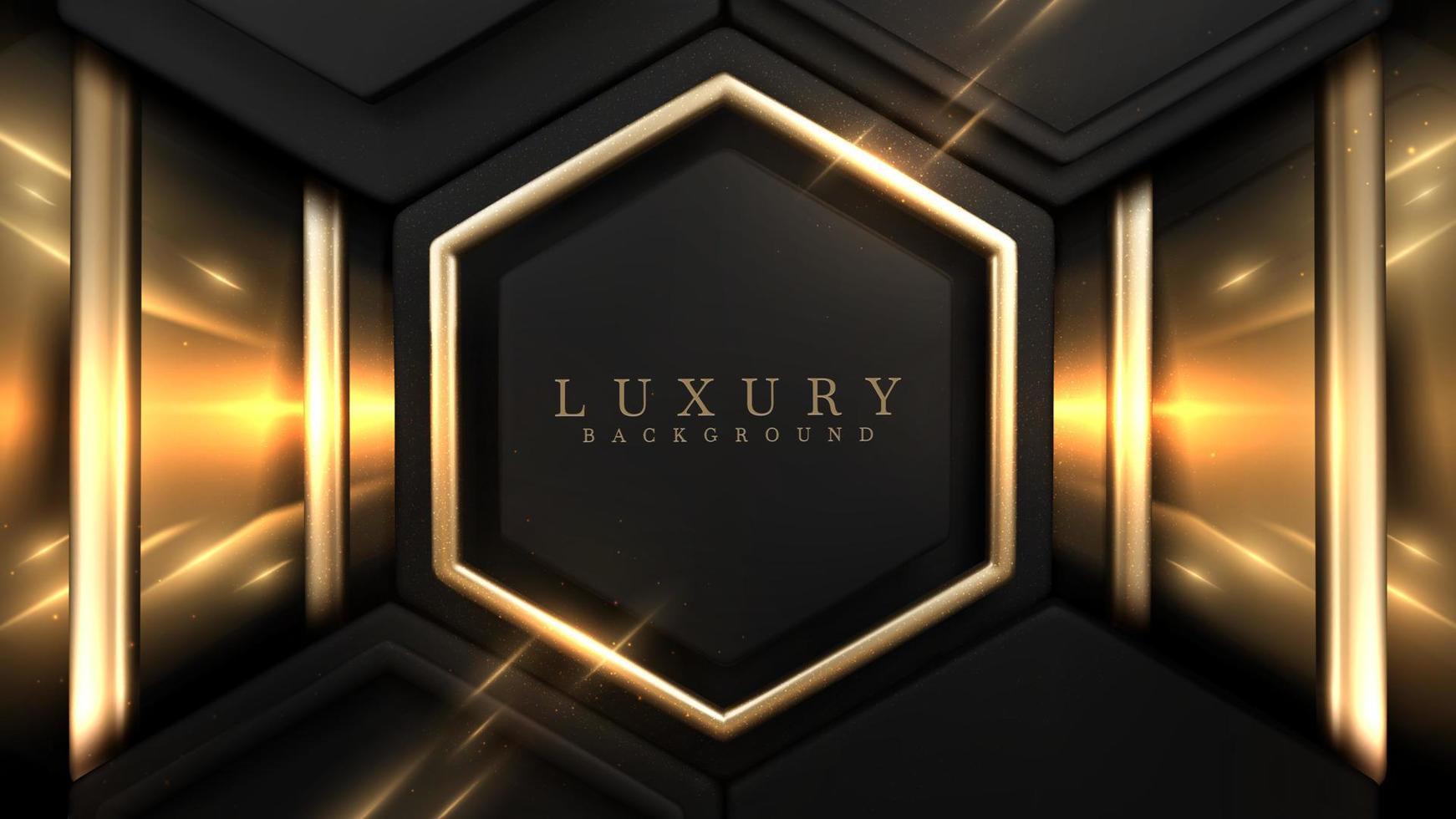 Luxury black background with gold hexagon frame and geometric shape elements with glitter light effect decorations. Realistic 3d style design. Vector illustration.