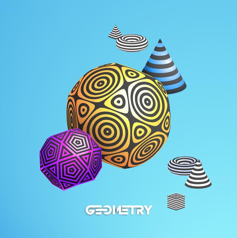 Banner for decorative design with abstract composition of 3d figures with stripped pattern. Purple silk on sphere on abstract blue color background. Abstract 3d geometric background. vector