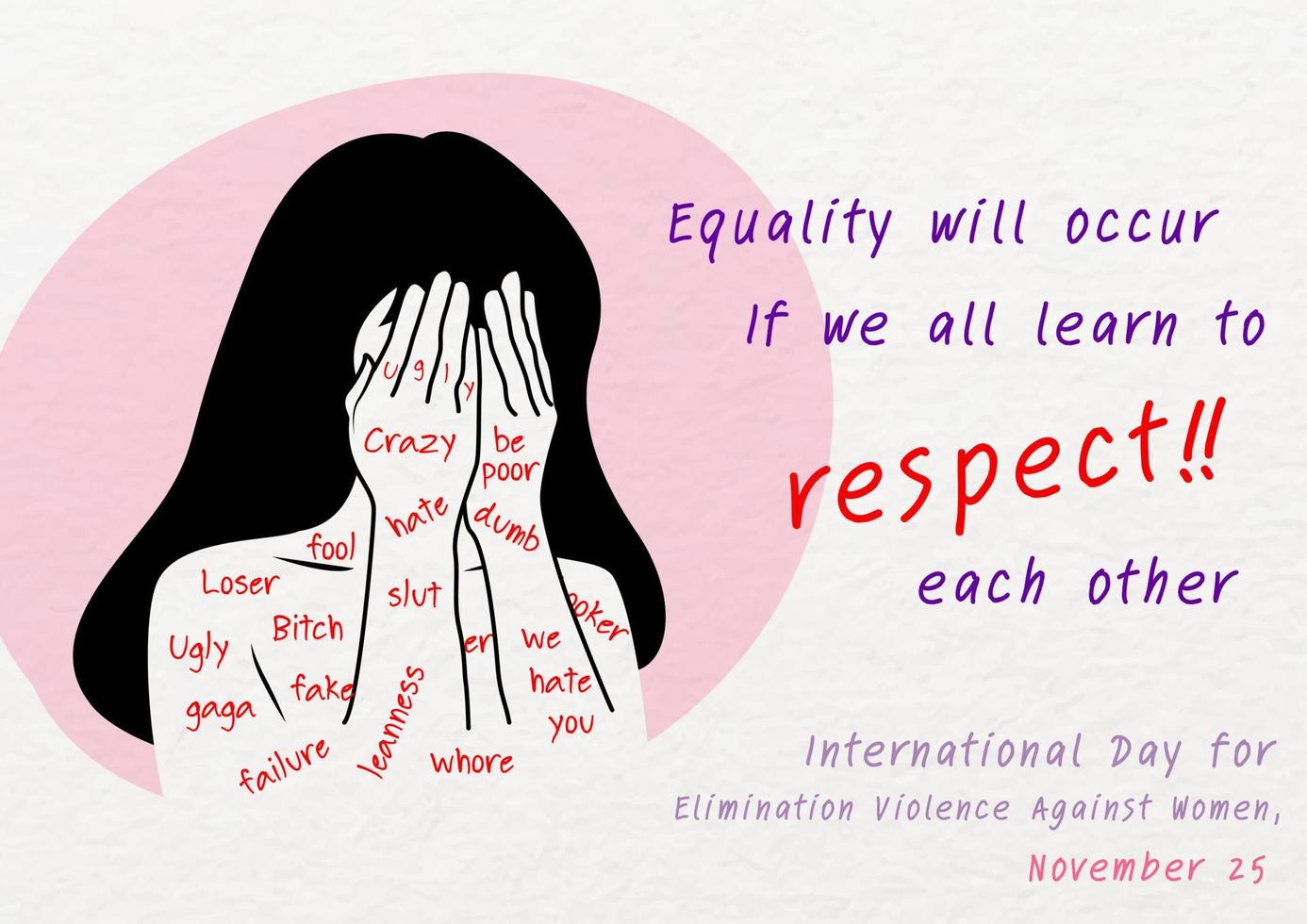 Young woman in cartoon character expressed her regret for victim of bullying with wording oft International day for the elimination of Violence Against Women's campaign on white background. vector