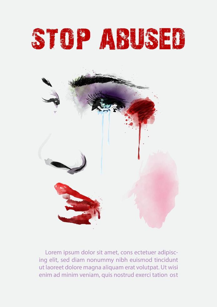 Woman crying with wound from injury, wording about campaign and example texts on white background. Poster's campaign of International day for the elimination of Violence Against Women in watercolors. vector