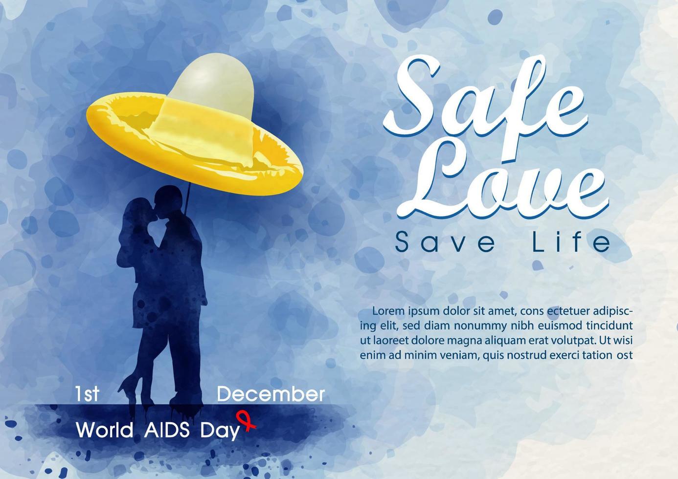 Concept poster campaign in giant condom on silhouette couple s with slogan and wording of world AIDS day, example texts on navy blue watercolor background. vector