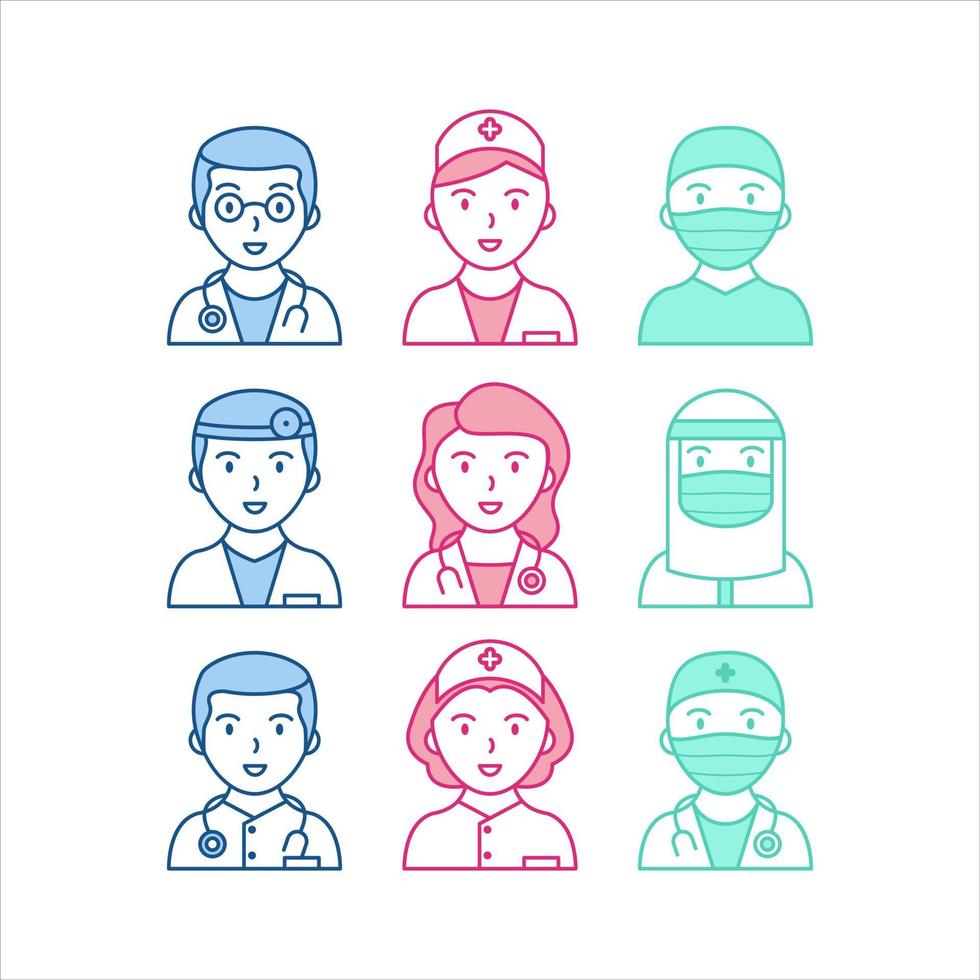 Set of Doctor and Nurse Line Art Style Icon. Simple, Cute and Minimalist Avatar Icon. Easy to edit. Vector Illustration. For web, apps, user interface profile.
