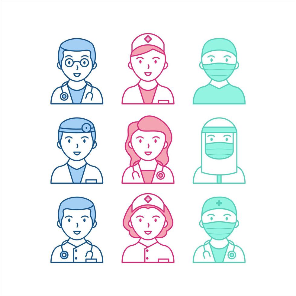 conjunto de icono de estilo de arte de línea de médico y enfermera. icono de avatar simple, lindo y minimalista. fácil de editar ilustración vectorial para web, aplicaciones, perfil de interfaz de usuario. vector