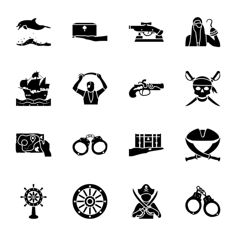 Set Pirate Objects Glyph Icons vector