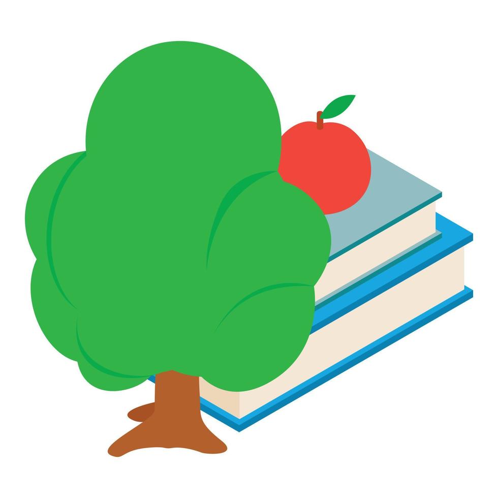 concepto de educación icono vector isométrico. manzana roja en la pila de libro árbol verde