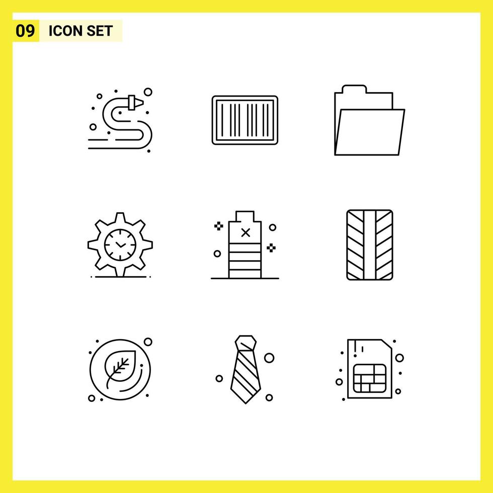 Universal Icon Symbols Group of 9 Modern Outlines of essential battery files watch setting Editable Vector Design Elements