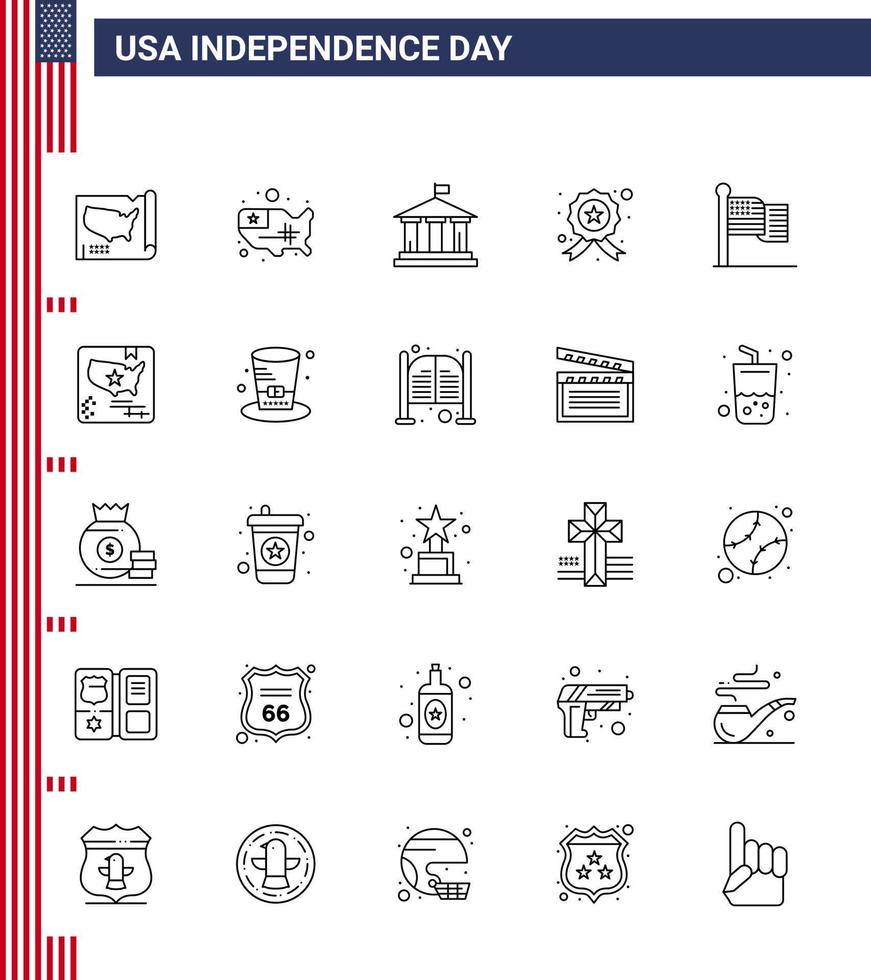 USA Independence Day Line Set of 25 USA Pictograms of flag usa badge thanksgiving american Editable USA Day Vector Design Elements
