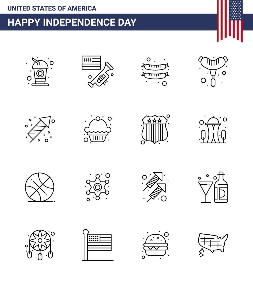 conjunto de 16 iconos del día de ee.uu. símbolos americanos signos del día de la independencia para muffin cake comida festividad festividad elementos de diseño vectorial editables del día de ee.uu. vector