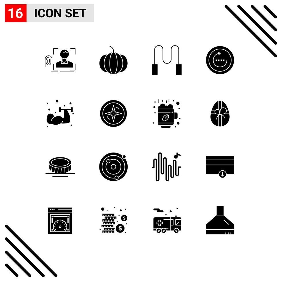 16 User Interface Solid Glyph Pack of modern Signs and Symbols of sport dumbbell skipping ui reload Editable Vector Design Elements