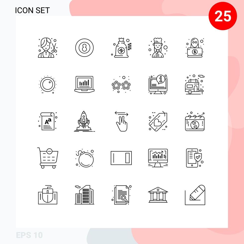 Set of 25 Modern UI Icons Symbols Signs for detective female chef sport cook money Editable Vector Design Elements