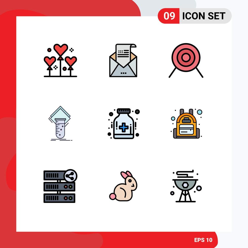 Group of 9 Filledline Flat Colors Signs and Symbols for care test mail study chemistry Editable Vector Design Elements