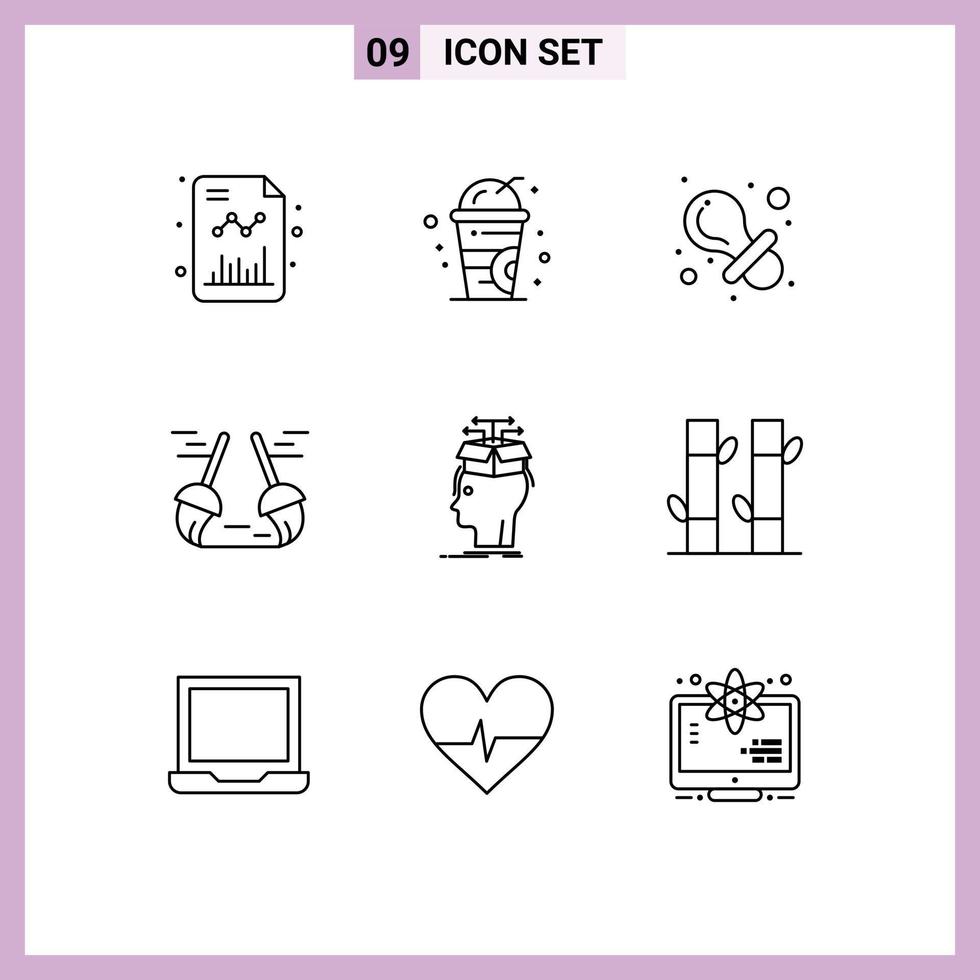 Mobile Interface Outline Set of 9 Pictograms of head data baby sweep clean Editable Vector Design Elements