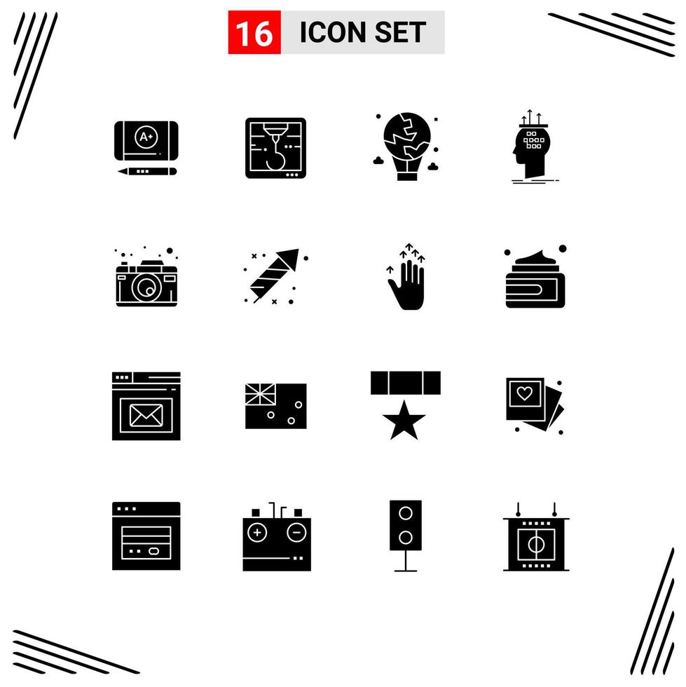 Set of 16 Vector Solid Glyphs on Grid for picture camera global thinking conclusion Editable Vector Design Elements