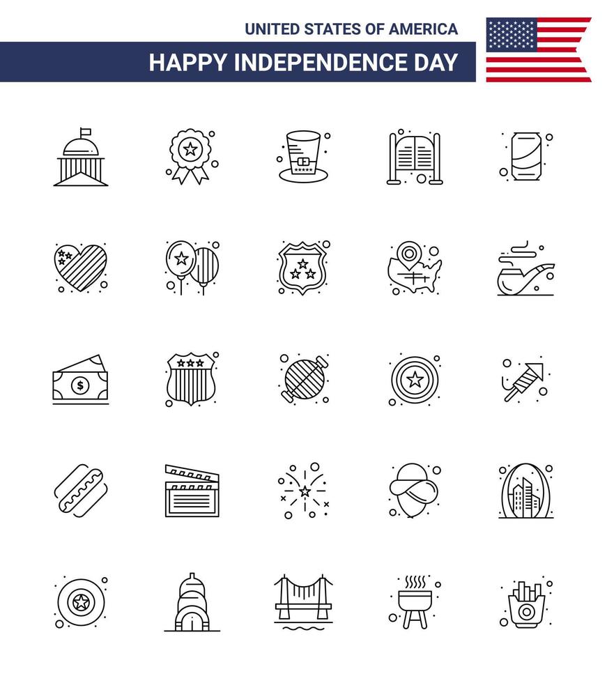 Set of 25 Modern Lines pack on USA Independence Day entrance saloon medal doors usa Editable USA Day Vector Design Elements