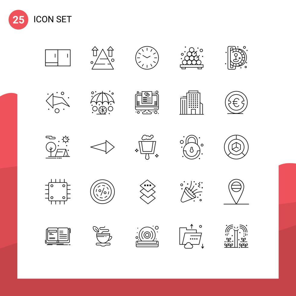 User Interface Pack of 25 Basic Lines of game insert coin top takoyaki food Editable Vector Design Elements