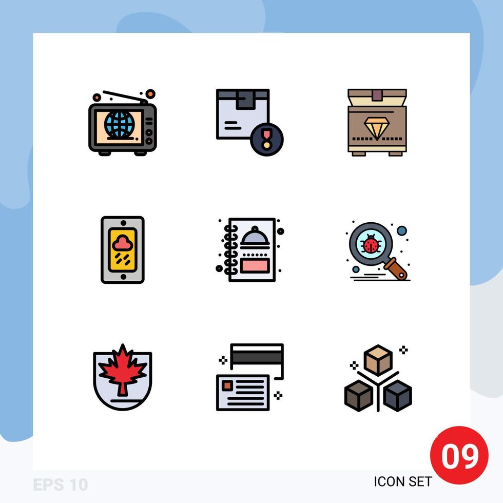 Set of 9 Commercial Filledline Flat Colors pack for menu rainy product weather mobile Editable Vector Design Elements