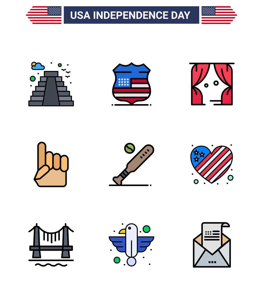 paquete de línea plana llena de 9 símbolos del día de la independencia de estados unidos de béisbol entretenimiento americano estados unidos espuma elementos de diseño vectorial del día de estados unidos editables a mano vector