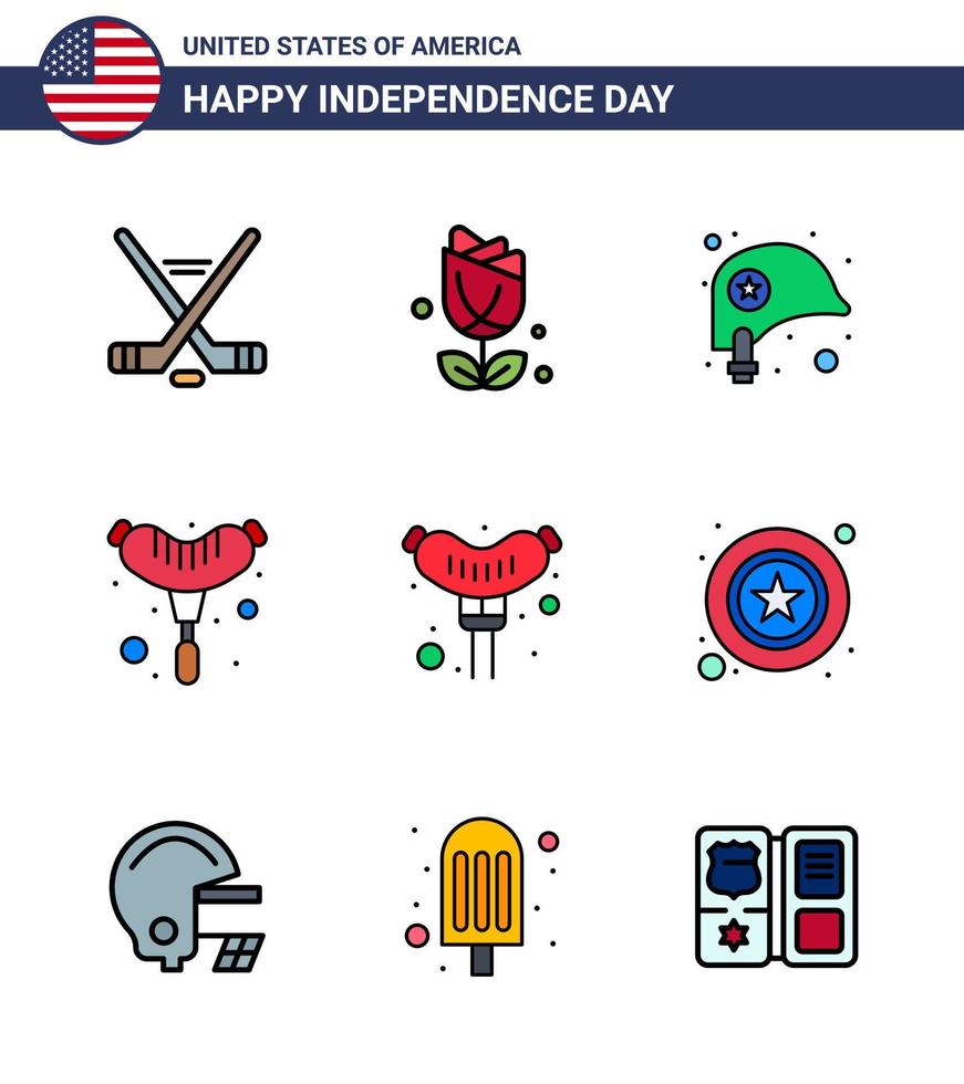 feliz día de la independencia 9 líneas llenas planas paquete de iconos para web e imprimir cabeza de hombre estrella comida de salchicha elementos de diseño de vector de día de estados unidos editables