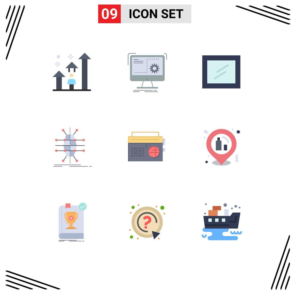 Pack of 9 creative Flat Colors of radio network process infrastructure distribution Editable Vector Design Elements