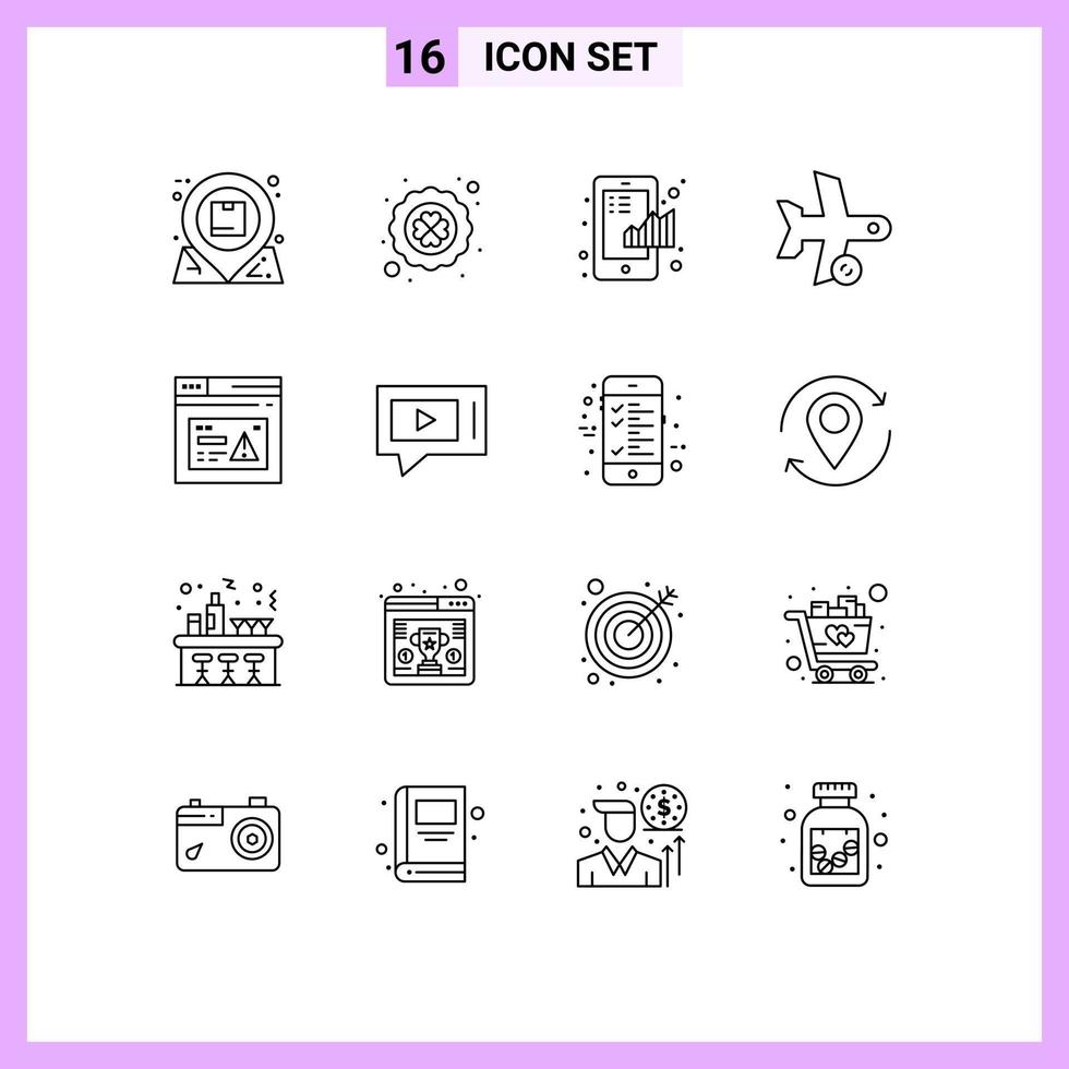 Pack of 16 Modern Outlines Signs and Symbols for Web Print Media such as transport plane poker flight graph Editable Vector Design Elements