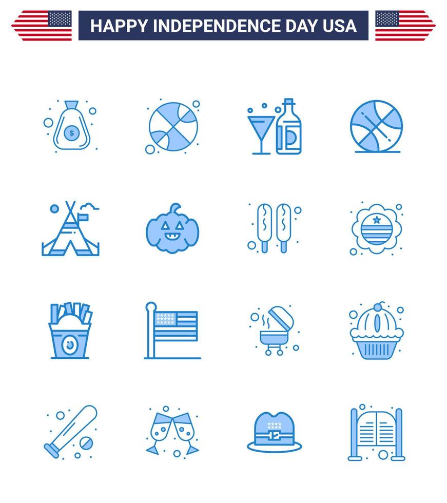 USA Independence Day Blue Set of 16 USA Pictograms of tent free sports drink ball glass Editable USA Day Vector Design Elements