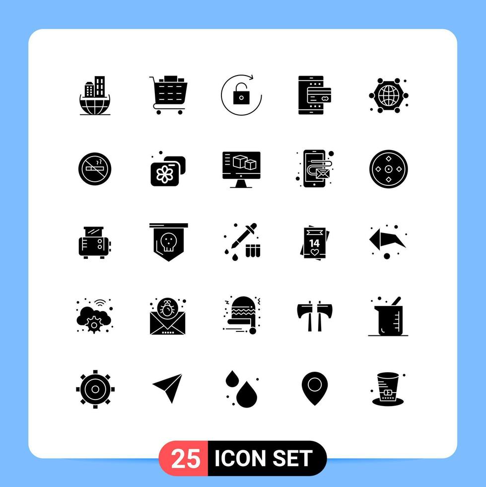 25 User Interface Solid Glyph Pack of modern Signs and Symbols of globe communication rotate smartphone online Editable Vector Design Elements